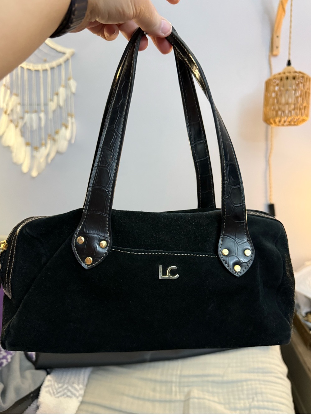 Vintage Liz Claiborne Black Suede Top-Handle Satchel Y2K